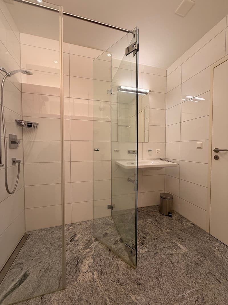 Shower stall, sink, wall tiles, marble flooring, trash bin, mirror