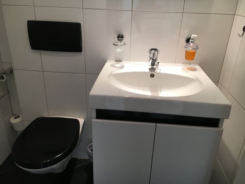 Bathroom with white tiles, a white sink, a black toilet, and a soap dispenser on the wall.