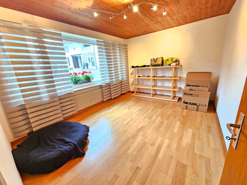 Spacious room with wooden ceiling and floor, large windows, shelving unit, and storage boxes