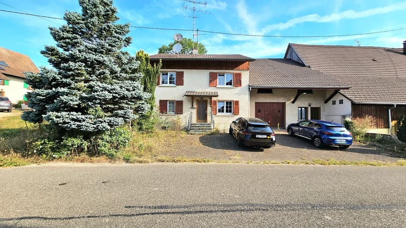 Detached house, two storeys, brown roof, white walls, wooden door, brown garage doors, trees, parking for two cars.