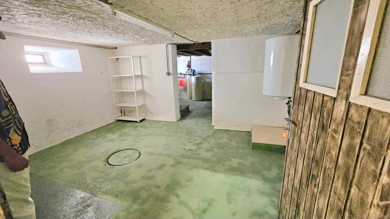 green floor, white walls, metal shelving, white water heater, ceiling light, basement window, storage area, wooden door