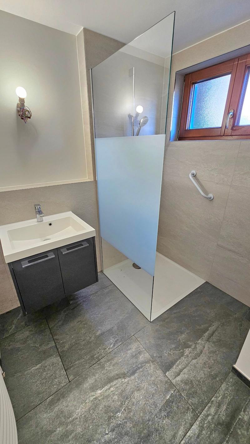 Bathroom: white wall, glass door, sink, grey tiles, handrail, window