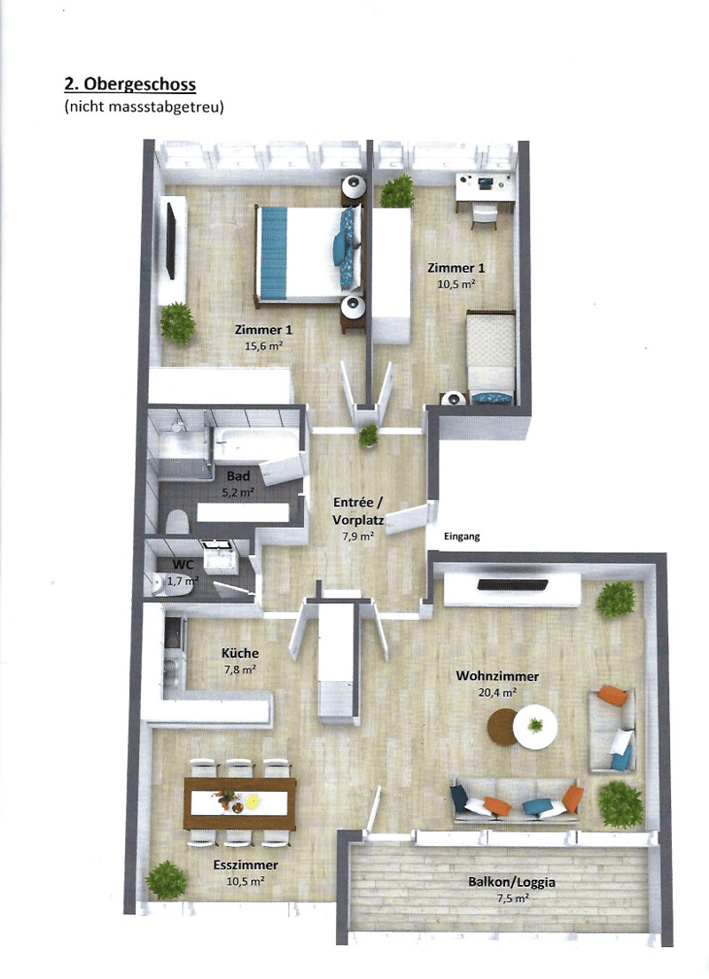 2nd floor plan with 2 bedrooms, bathroom, kitchen, living room, dining room, entrance, balcony