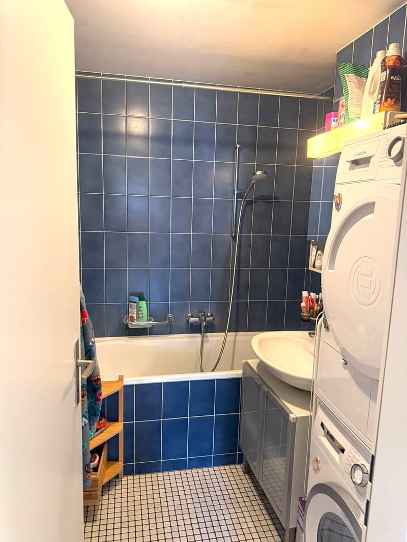 Bathroom with blue tiles, bathtub, sink, washing machine, shower head, shelves, and a wooden rack