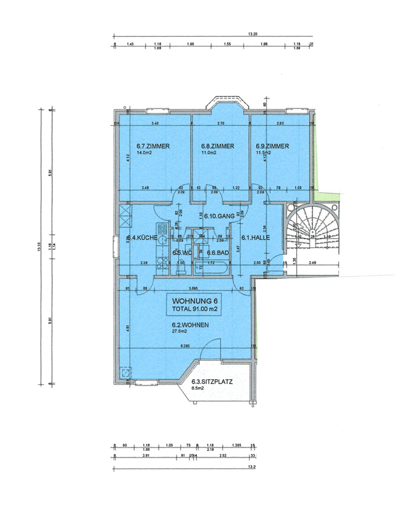 Floor plan of a 6-room apartment with a total area of 91 square meters, including 3 bedrooms, a kitchen, a bathroom, a hallway, and a living room.