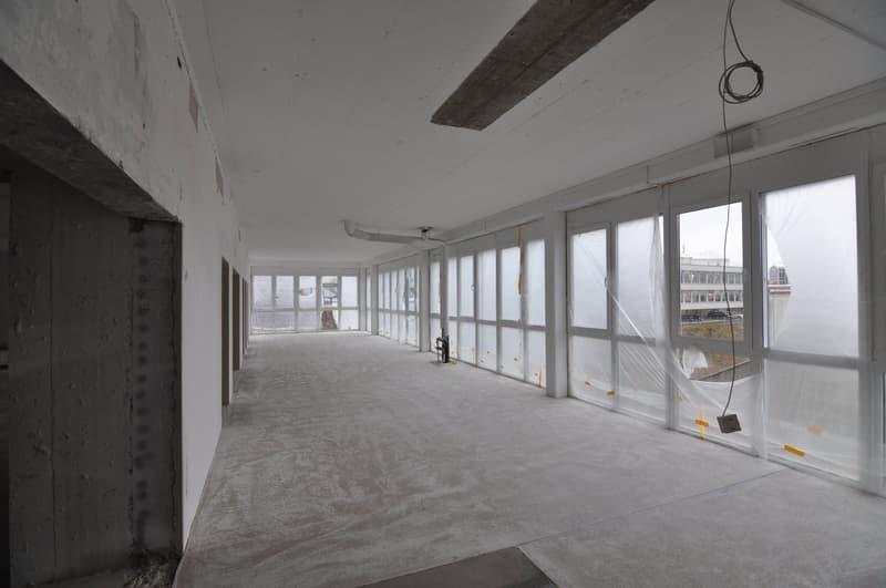 large hallway with glass walls, concrete floor, white walls, large windows, unfinished