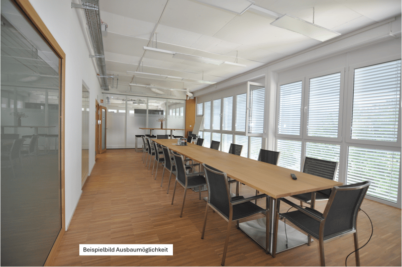 conference room, long table, chairs, large windows, overhead lights