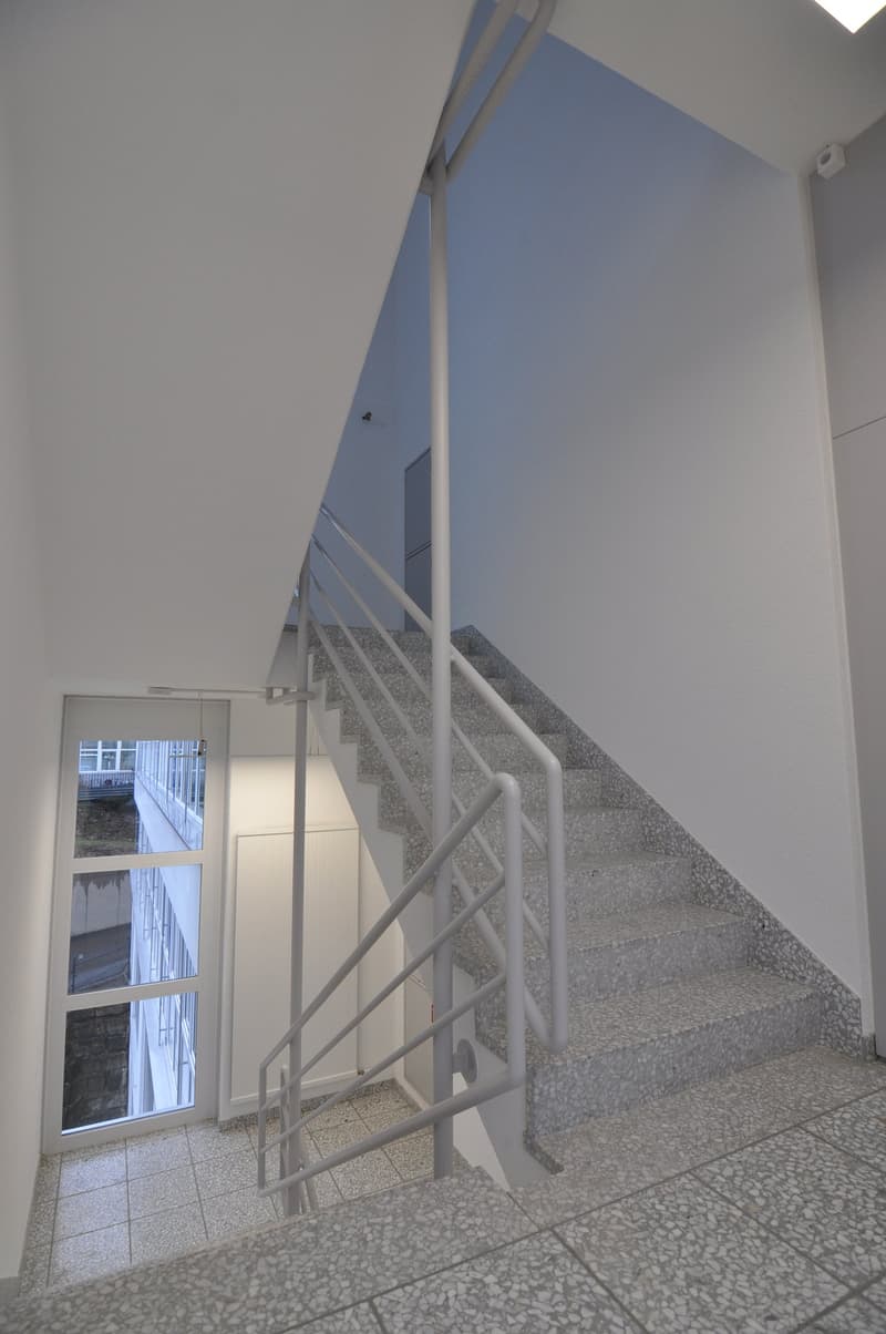 White concrete steps, white railings, white walls