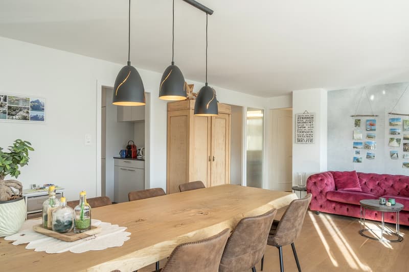 Large dining table, brown chairs, wooden cabinet, red couch, plant in pot, wall decorations, pendant lights