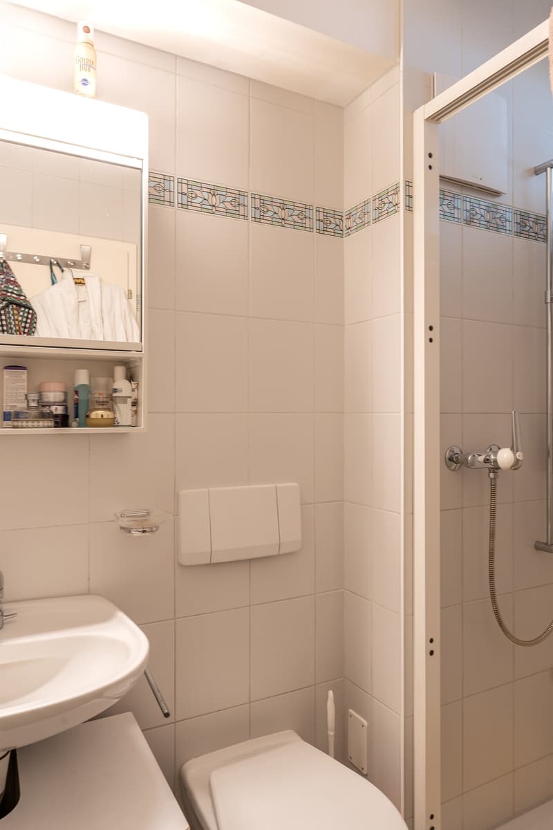 Modern bathroom with white tiled walls, white sink, toilet, shower enclosure, mirror, and toiletries shelf.