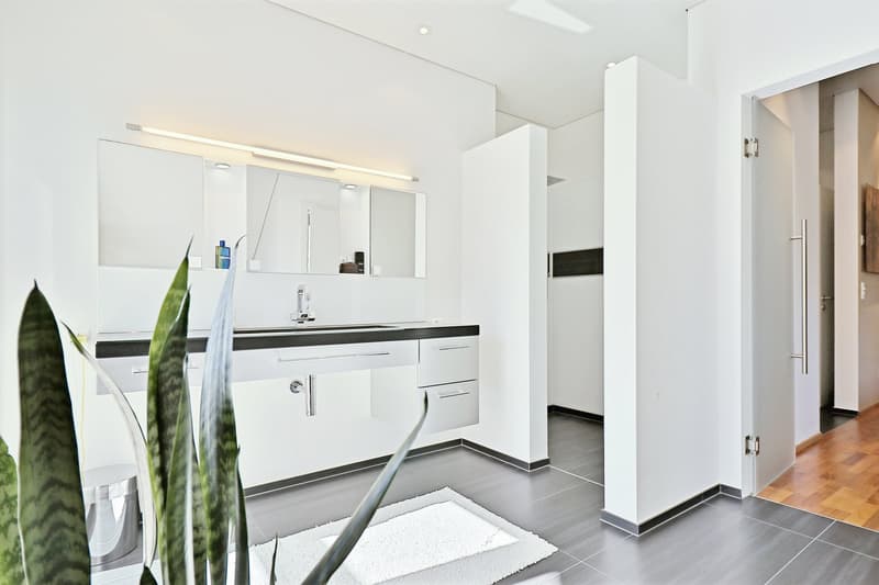 Modern bathroom with white tiled walls and floor, silver toilet, double sink, large mirror, open shower area, toilet paper holder, shower head, bathroom rug