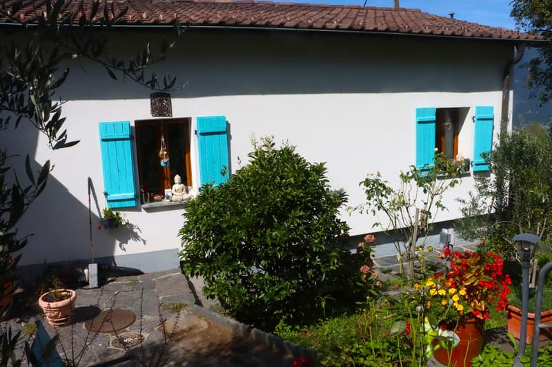 Two story house, white with blue shutters, tile roof, garden with plants and flowers