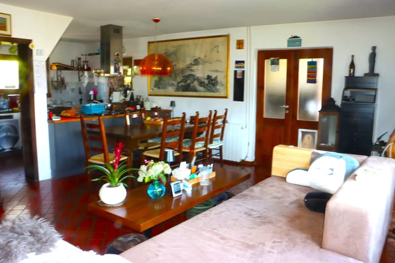 kitchen area and living room, large dining table, coffee table, sofa, chairs, flower vases, lamps, paintings, framed photos