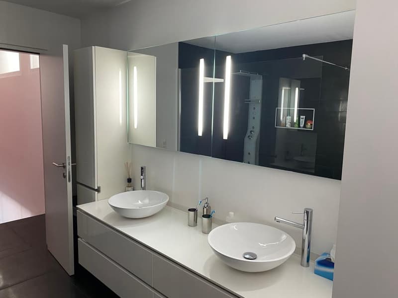 modern bathroom with white cabinets, large mirror, double sink, and shower in the background