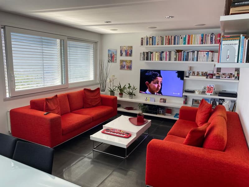 red couch, white coffee table, electronic keyboard, television, book shelves, potted plants