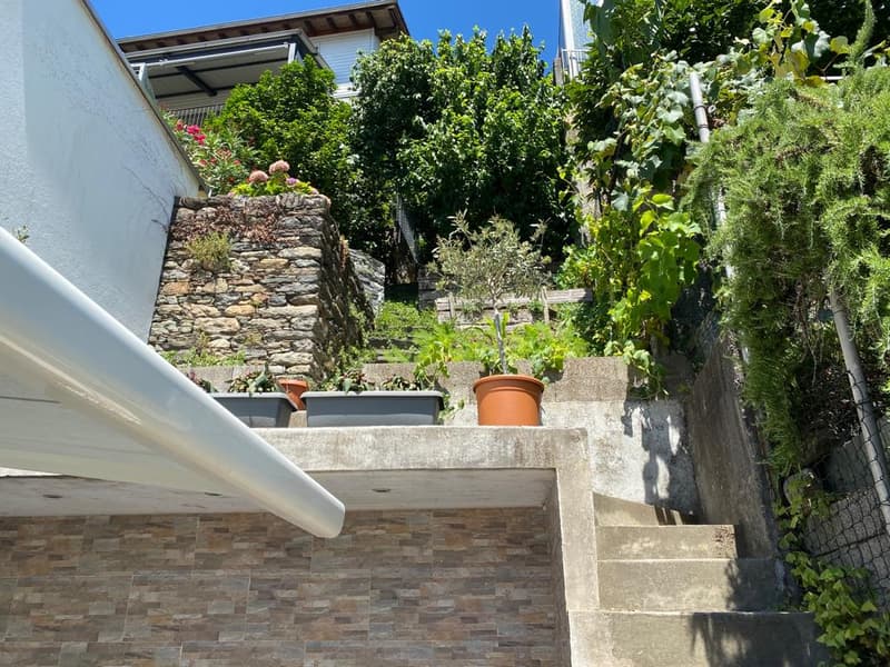 staircase from garden, stone wall, potted plants
