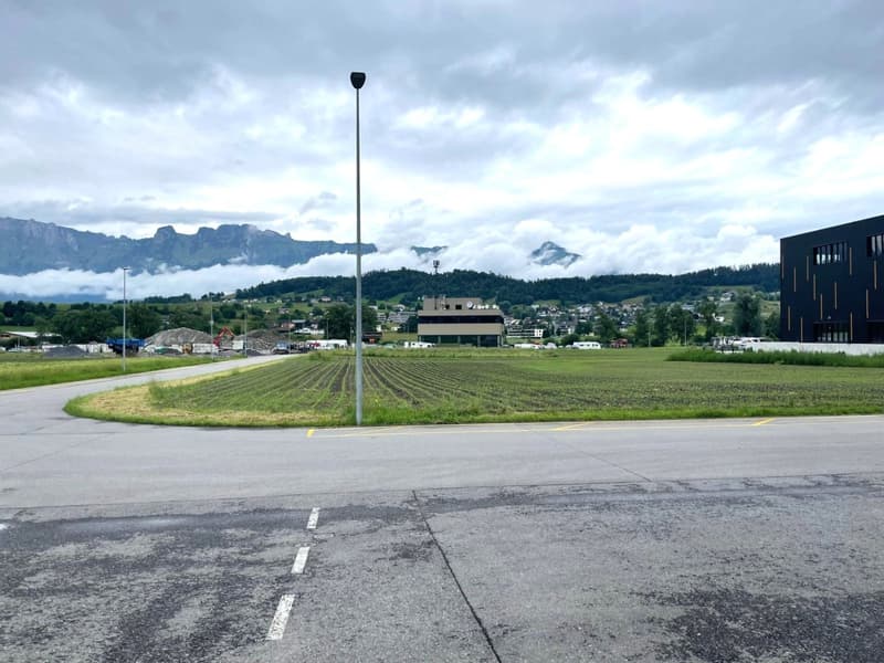 Empty lot with road, pole, green field and buildings in distance, mountains