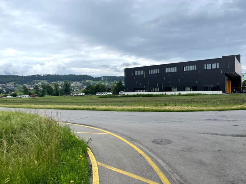 Exterior view of a modern industrial building with large windows, black facade, yellow markings on road, expansive field, and distant mountain range under a cloudy sky.