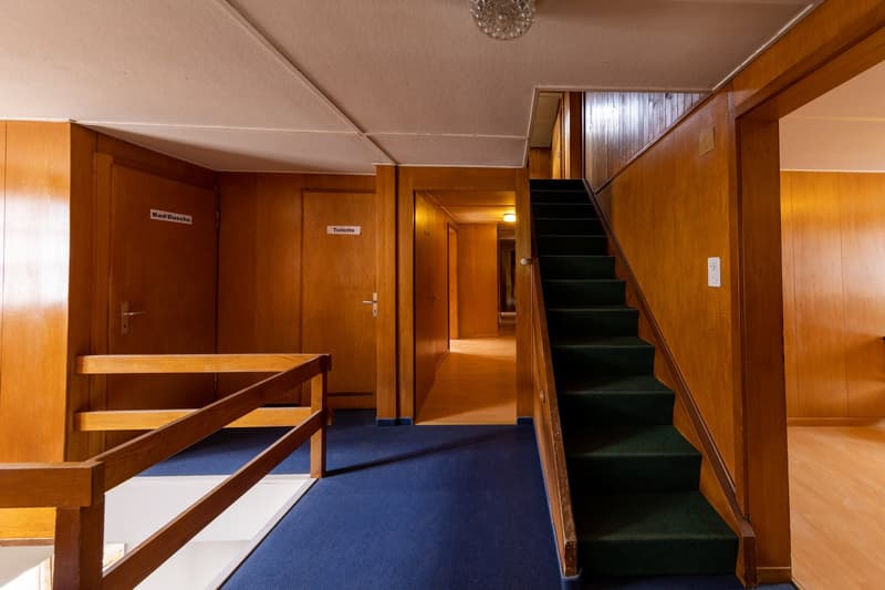 The image shows a hallway with wooden paneled walls and doors leading to a bathroom and toilet. There is a staircase with blue carpeting leading up to another level. The hallway has a warm, vintage feel with a chandelier overhead.