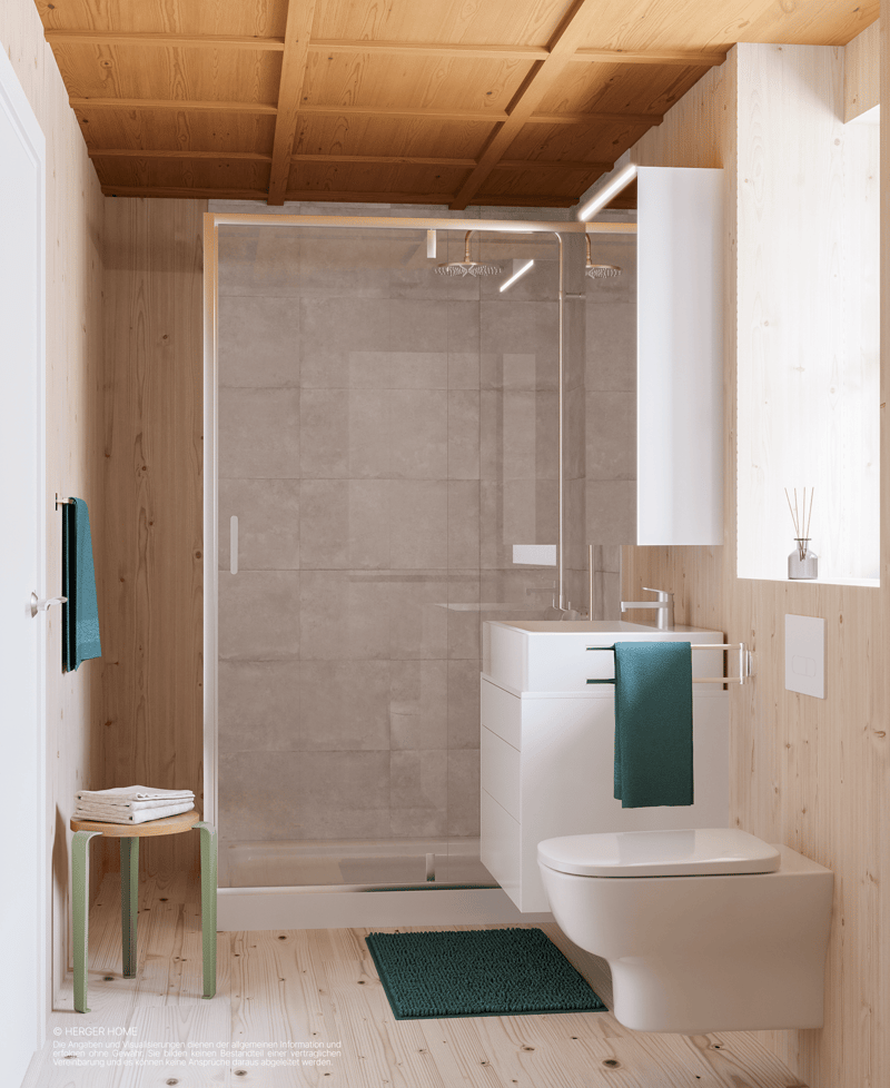 Bathroom with wooden ceiling, tiled walls, glass shower enclosure, vanity unit with sink, and toilet