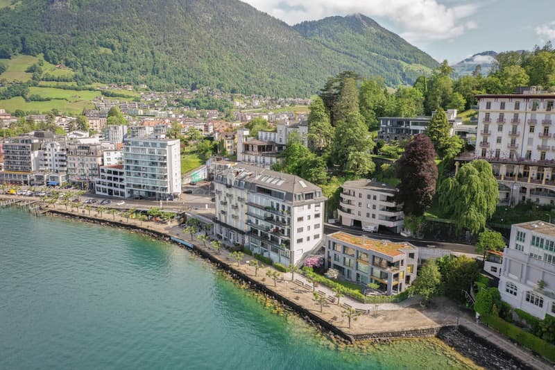 This image shows a scenic view of a lakeside town surrounded by mountains. The town features a mix of modern and historic buildings, with apartment complexes, hotels, and other structures lining the shore of the lake. There are lush green trees and vegeta