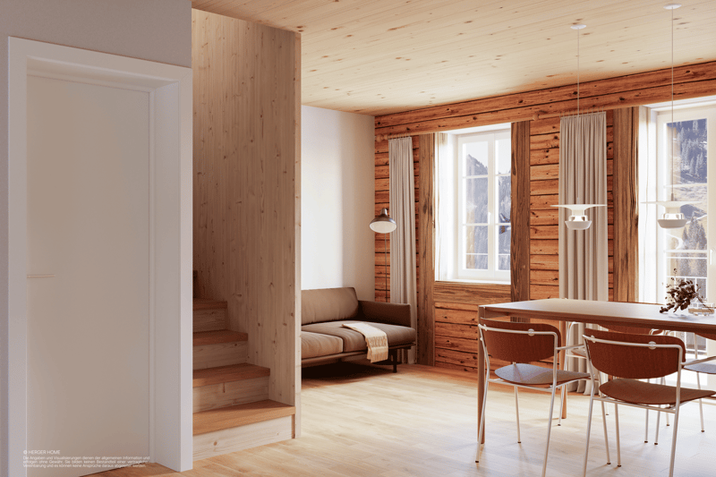 Living room with wooden walls, wooden floor, couch, table, chairs, lamps