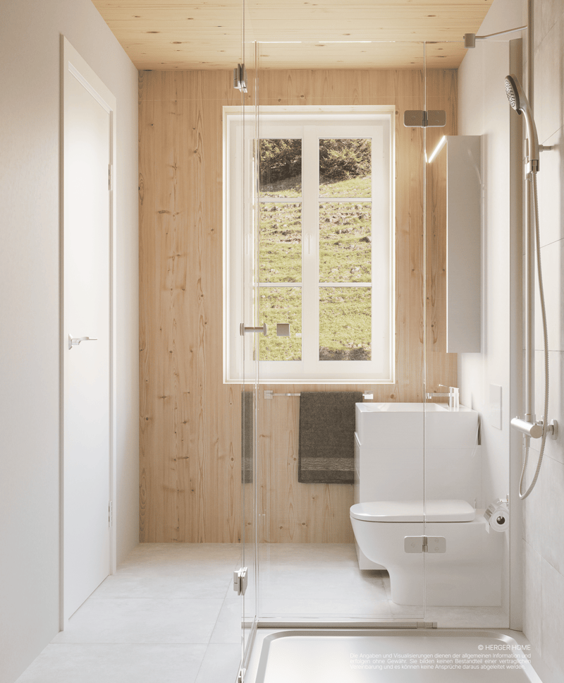 modern bathroom, white tiles, glass walk-in shower, white ceramic sink, white toilet, window with outdoor view