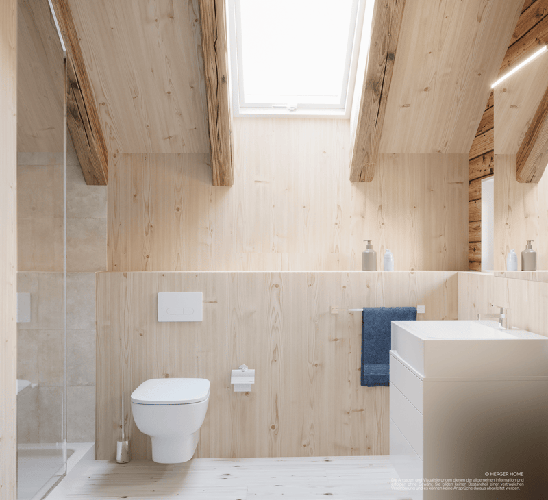 white tiles, white toilet, silver toilet brush, glass shower cubicle, wooden walls, white sink, towel rack, bottle on wall