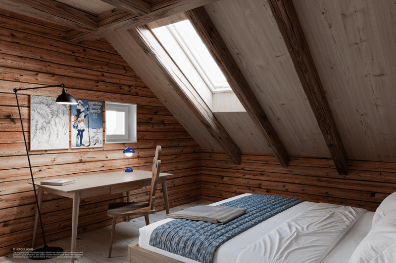 Bedroom with wooden walls, desk with lamp, chair, bed with blanket and pillows, skylights, wall mounted posters.