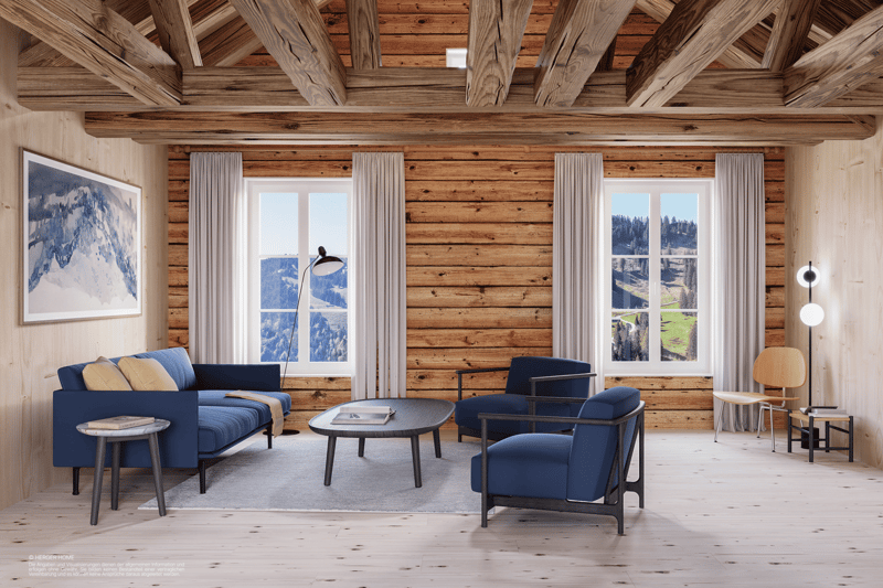 wooden wall, blue sofa, blue chairs, round table, wooden floors, two large windows, two lamps