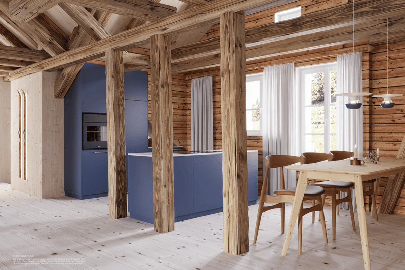 wooden beams, wooden flooring, blue kitchen cabinets, large island with stove, dining table, white curtains
