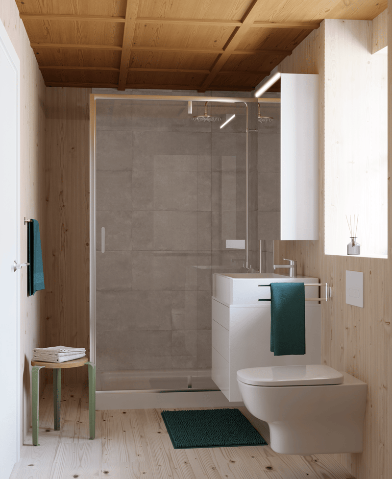 Glass enclosed shower, wooden floor, white sink, white walls, wooden ceiling, toilet