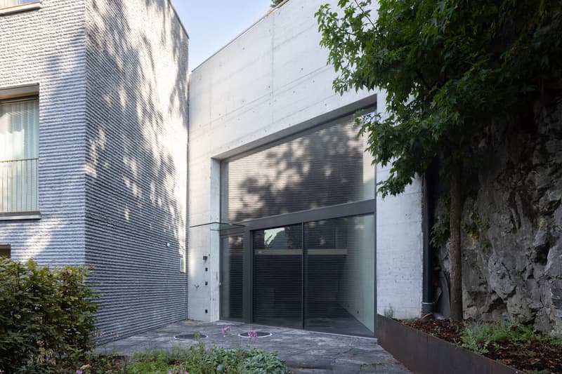 Modern concrete house, large glass doors, textured wall, garden, plants, stone wall