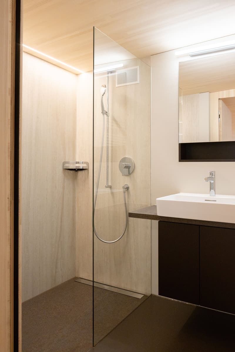 modern bathroom with glass shower enclosure, white sink, silver faucet, wooden ceiling and walls, tiled floor