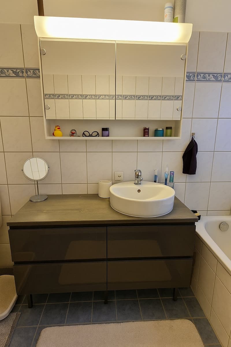 Bathroom with bathtub, sink, cabinet, mirror, towel, towels, faucet, toiletries