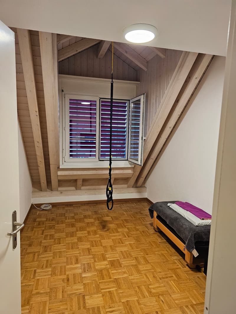 empty room, wooden floor, wooden beams on the ceiling, two windows with shutters, pull-up bar