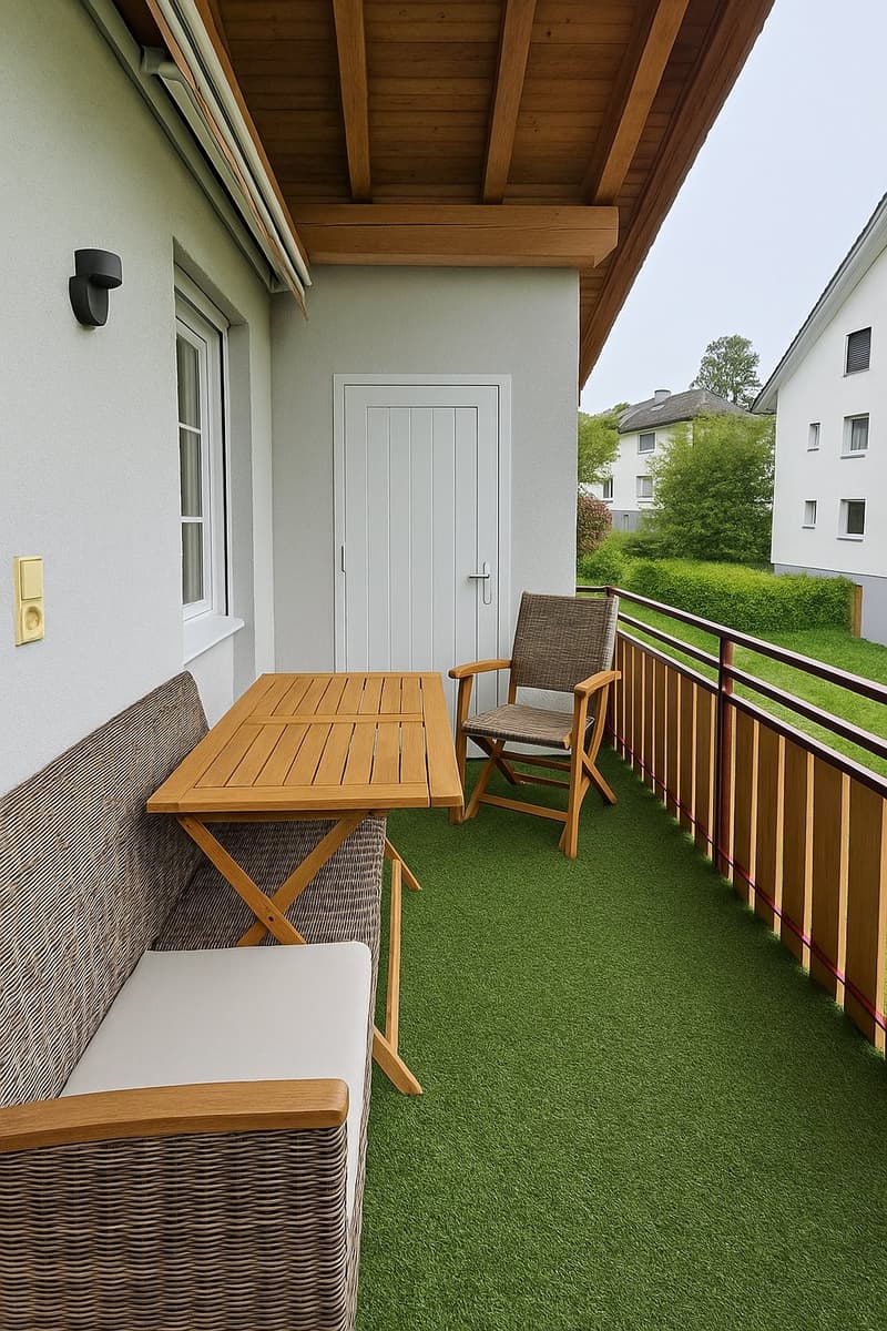 Furnished balcony with sofa, small table, fence, artificial grass, wall lamp, power outlet, entrance door