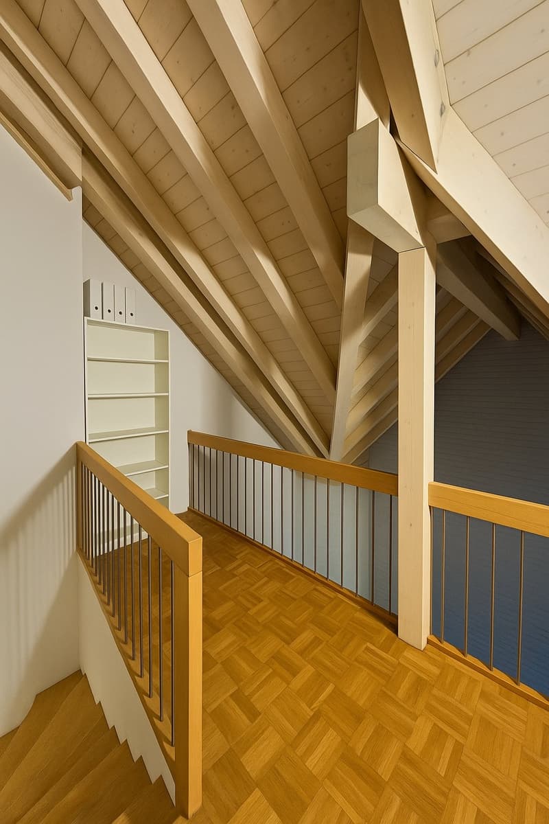 exposed wooden ceiling, wooden floor, wooden railing, storage shelves