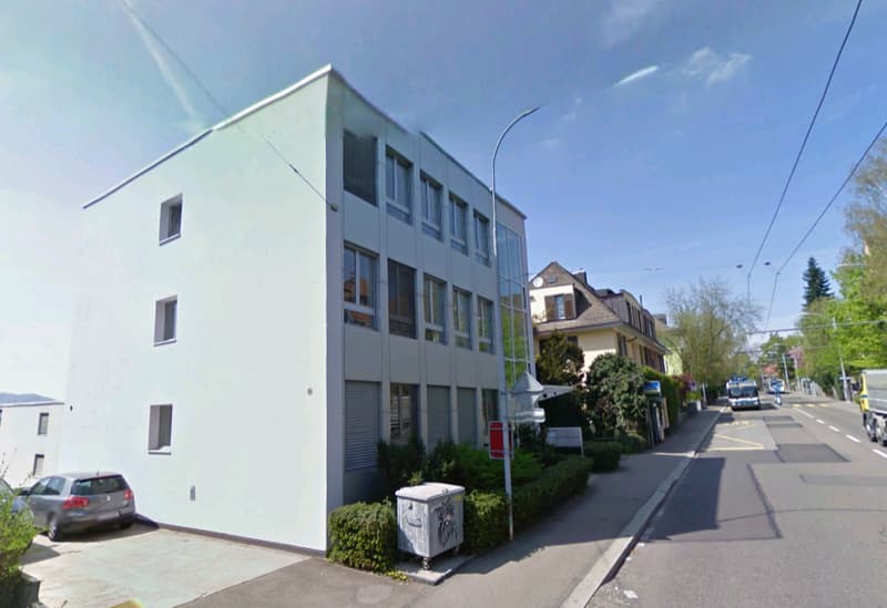 white building, multiple windows, street, parked car, street light, bushes, trash bin