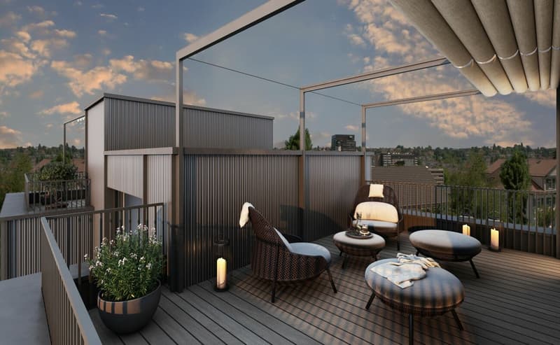 Vita urbana con idillio di giardino e terrazza soleggiata sul tetto (2)