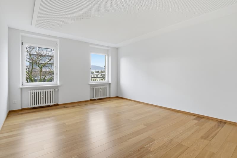empty room, white walls, wooden floor, two windows, radiators