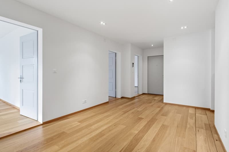 Empty room with white walls, wooden floor, and three doors.
