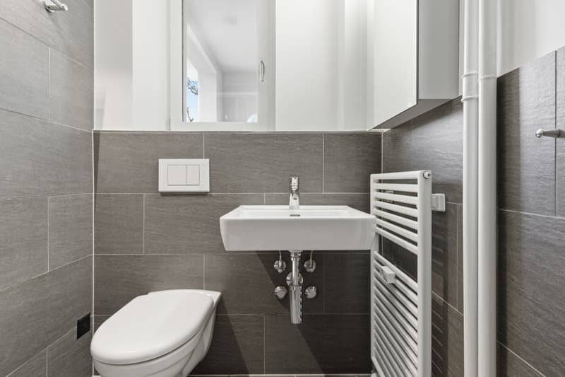modern bathroom with white toilet, white sink, white towel rack, gray tiles