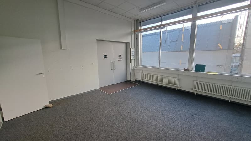 empty room, white walls, gray floor, doors, windows, radiators