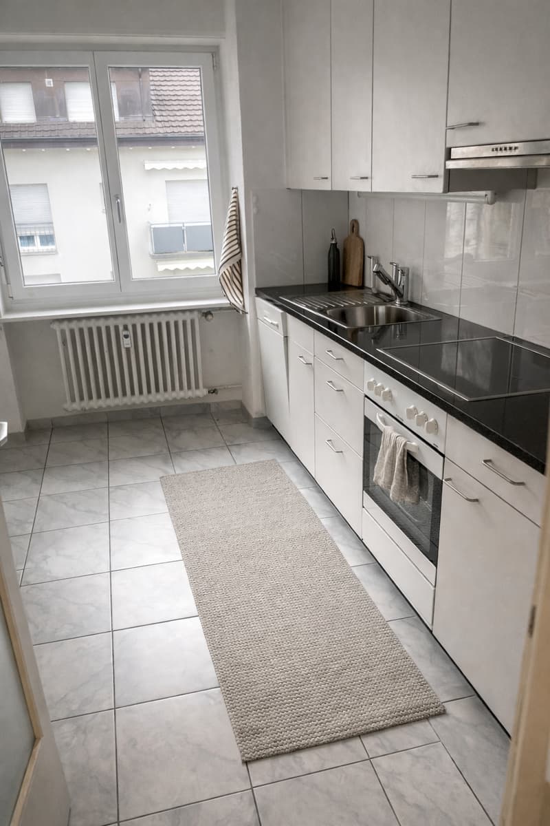 White kitchen, tiled floor, window, sink, oven, countertop, radiator, rug