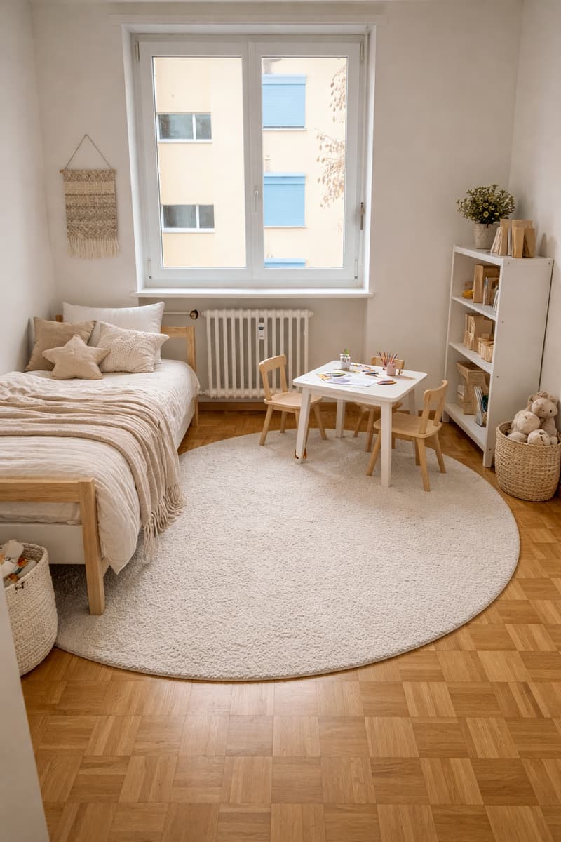 single bed, round carpet, table and chairs, bookshelves, window, wooden floor