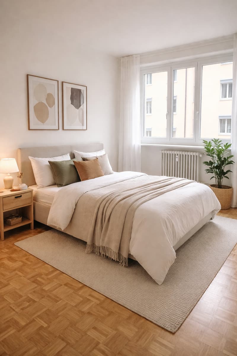 Bedroom with bed, nightstand, lamp, rug, and window with curtains