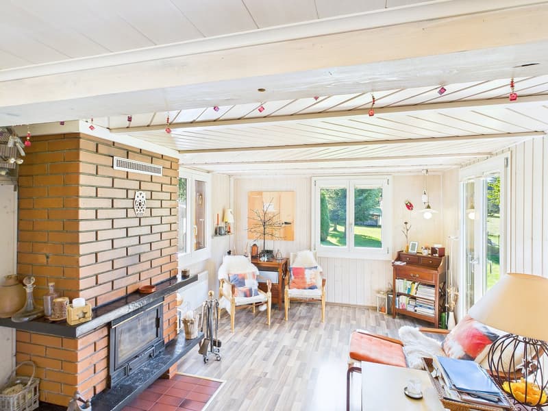 wooden floor, fireplace, white walls, white ceilings, shelves, 2 armchairs, center table, window, garden view