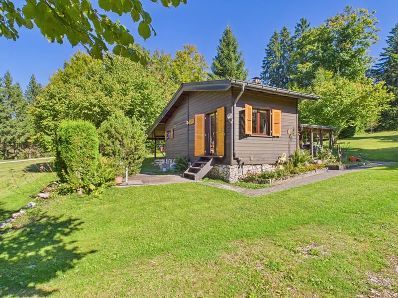 Detached house, stone foundation, wooden exterior, yellow shutters, green surroundings, garden, outdoor seating area