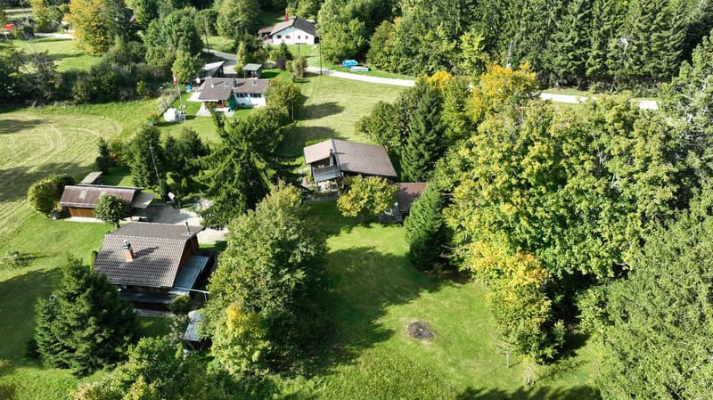 Multiple small houses in a rural area with green grass and trees.
